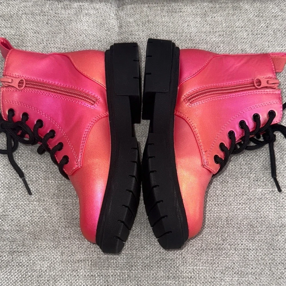 NWOT Stylish Pink Kids iridescent combat like Boots